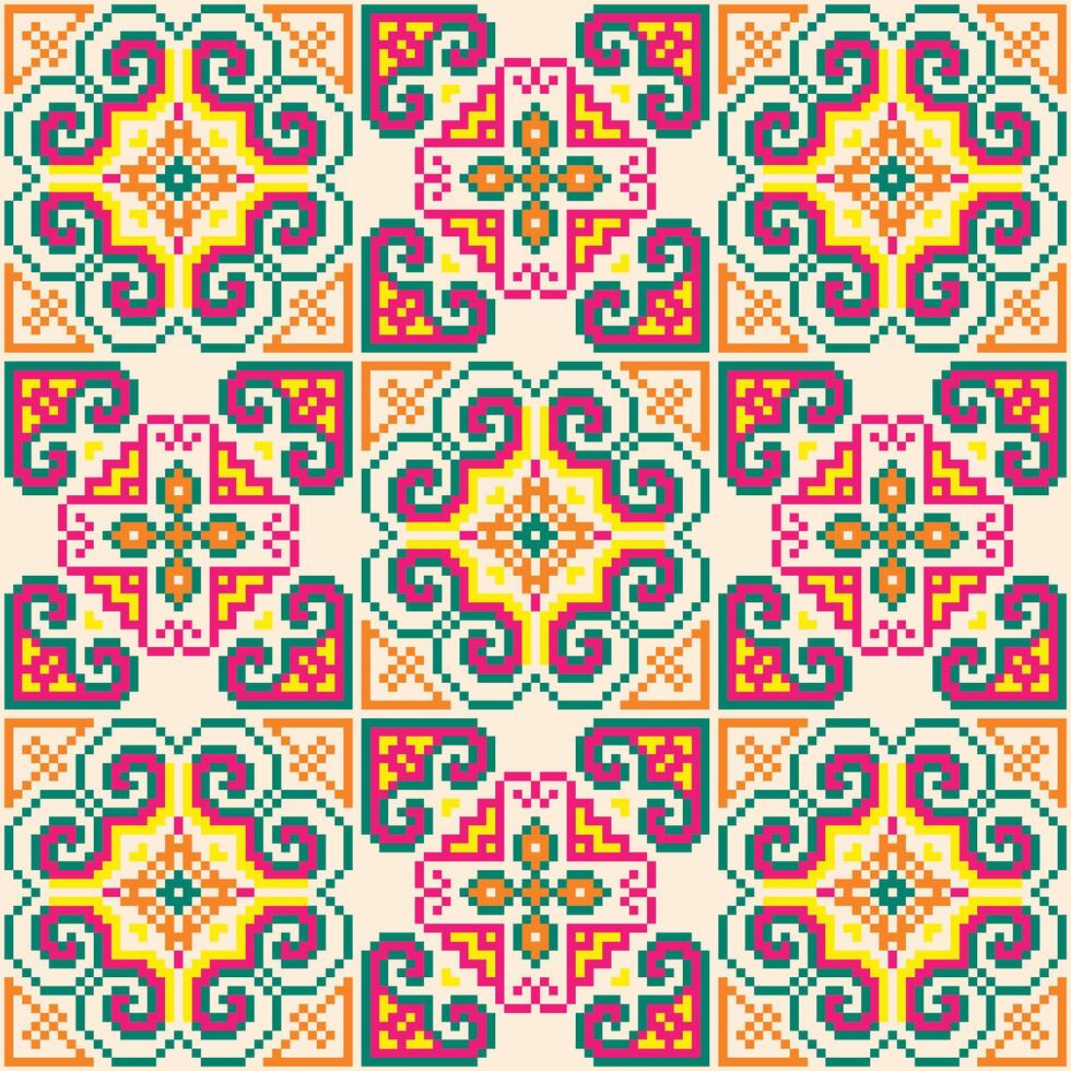 Cross stitch pattern featuring colorful flowers and swirls on a white background. Design for flowers, colorful,background, embroidery, floral pattern, stitches floral motif decorative textile art. vector