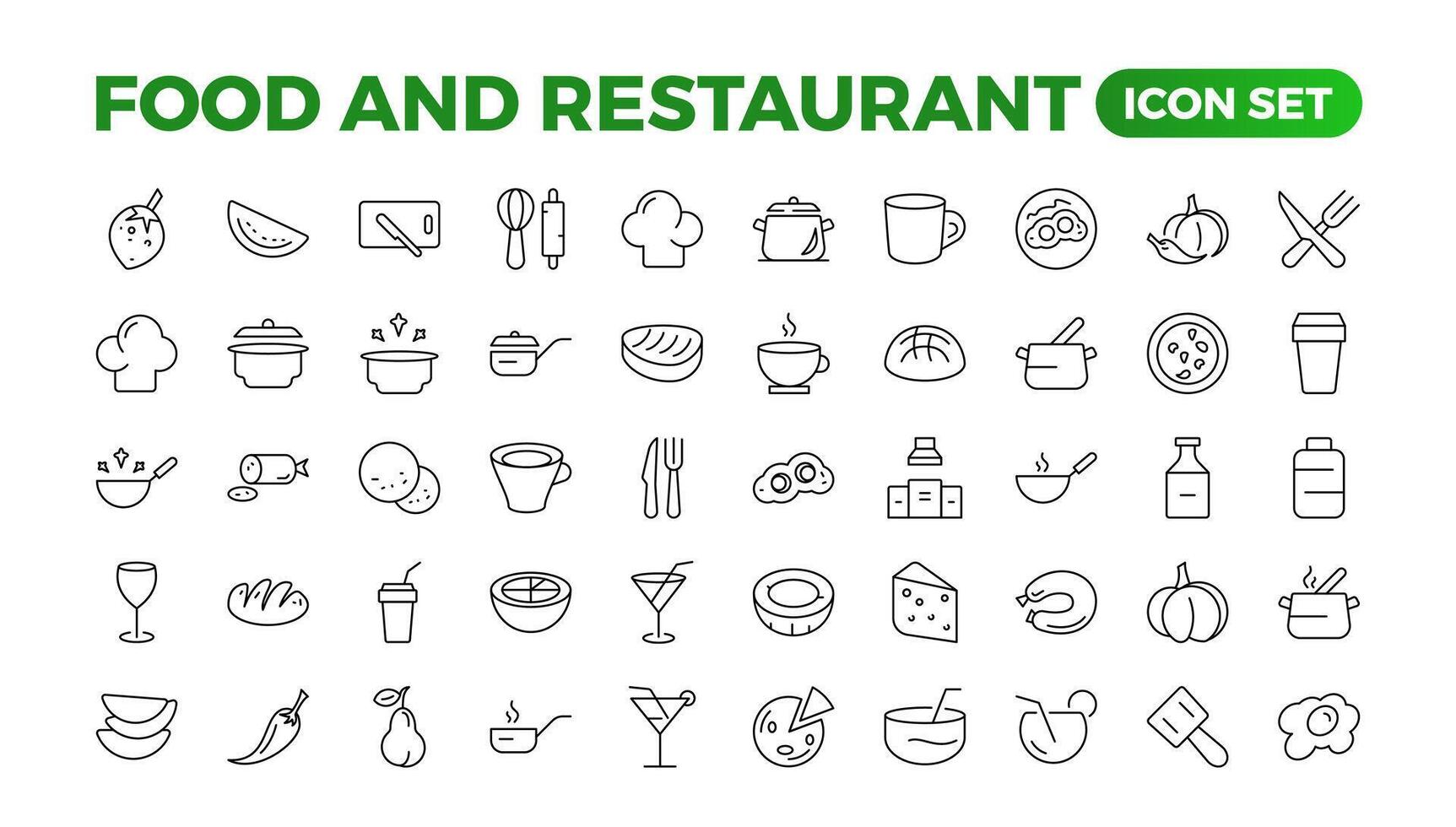 Food icon collection. Containing meal, restaurant, dishes, and fruit icons. Set of outline icons related to food and drink. Linear icon collection. Outline icons such as drink water,apple leaf,pack. vector