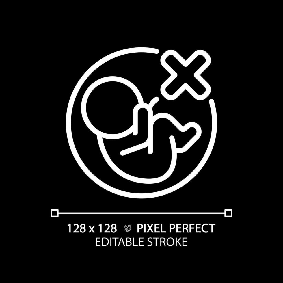 Abortion white linear icon for dark theme. Pregnancy miscarriage, infant loss. Birth control, womb baby. Reproductive health. Thin line illustration. Isolated symbol for night mode. Editable stroke vector