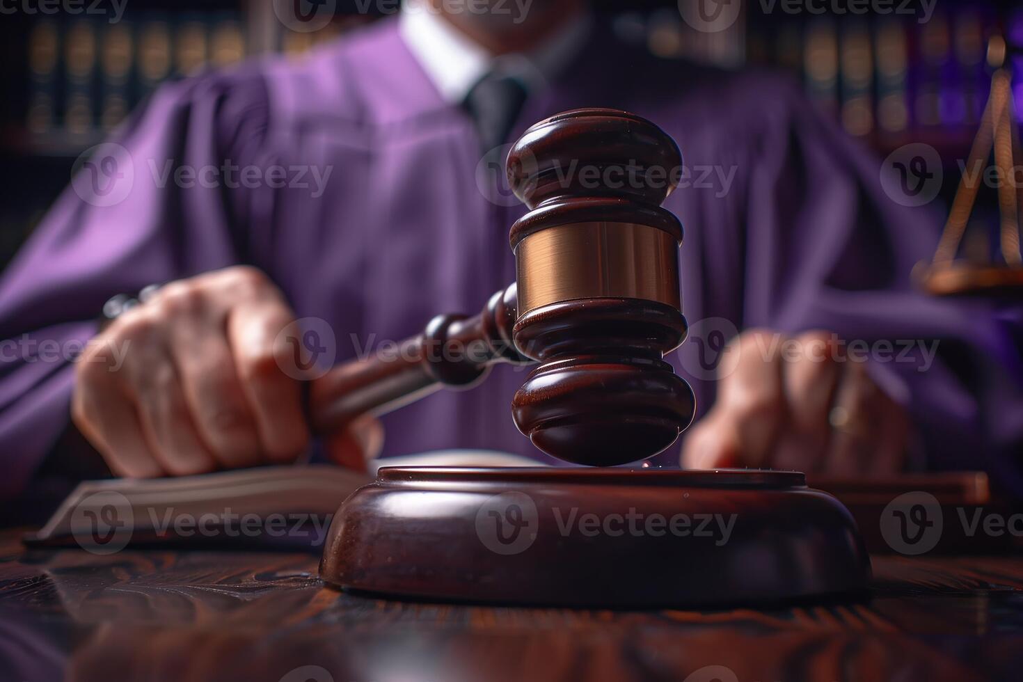 AI Generated Law, judge and closeup of lawyer with gavel for justice, court hearing and legal trial for magistrate. Government, attorney career and zoom of desk for investigation, criminal case and photo