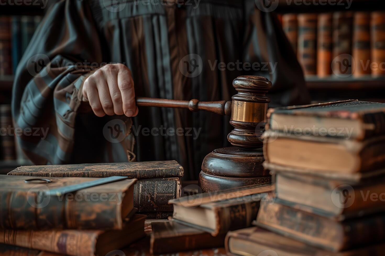 AI Generated Law, judge and closeup of lawyer with gavel for justice, court hearing and legal trial for magistrate. Government, attorney career and zoom of desk for investigation, criminal case and photo