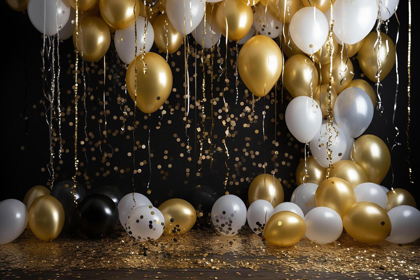 Gold and white balloons with gold confetti falling down over black background. New Year, birthday or wedding celebration generated.AI photo