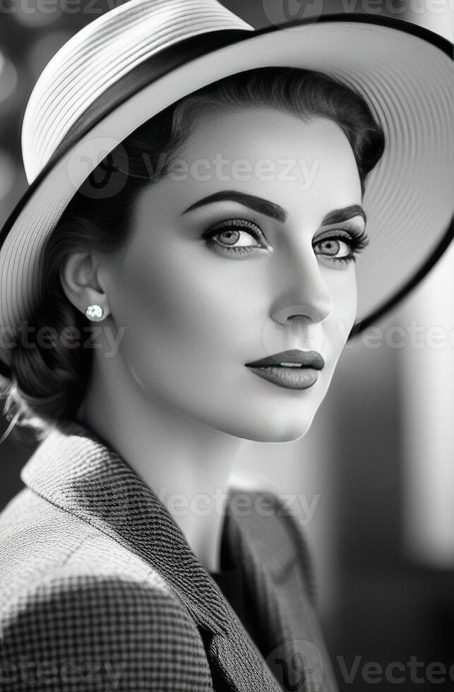 AI generated black and white photo of beautiful woman in hat, retro 1940s-style. Timeless elegance and vintage charm. Ideal for nostalgic themes, fashion retrospectives, or period-inspired projects
