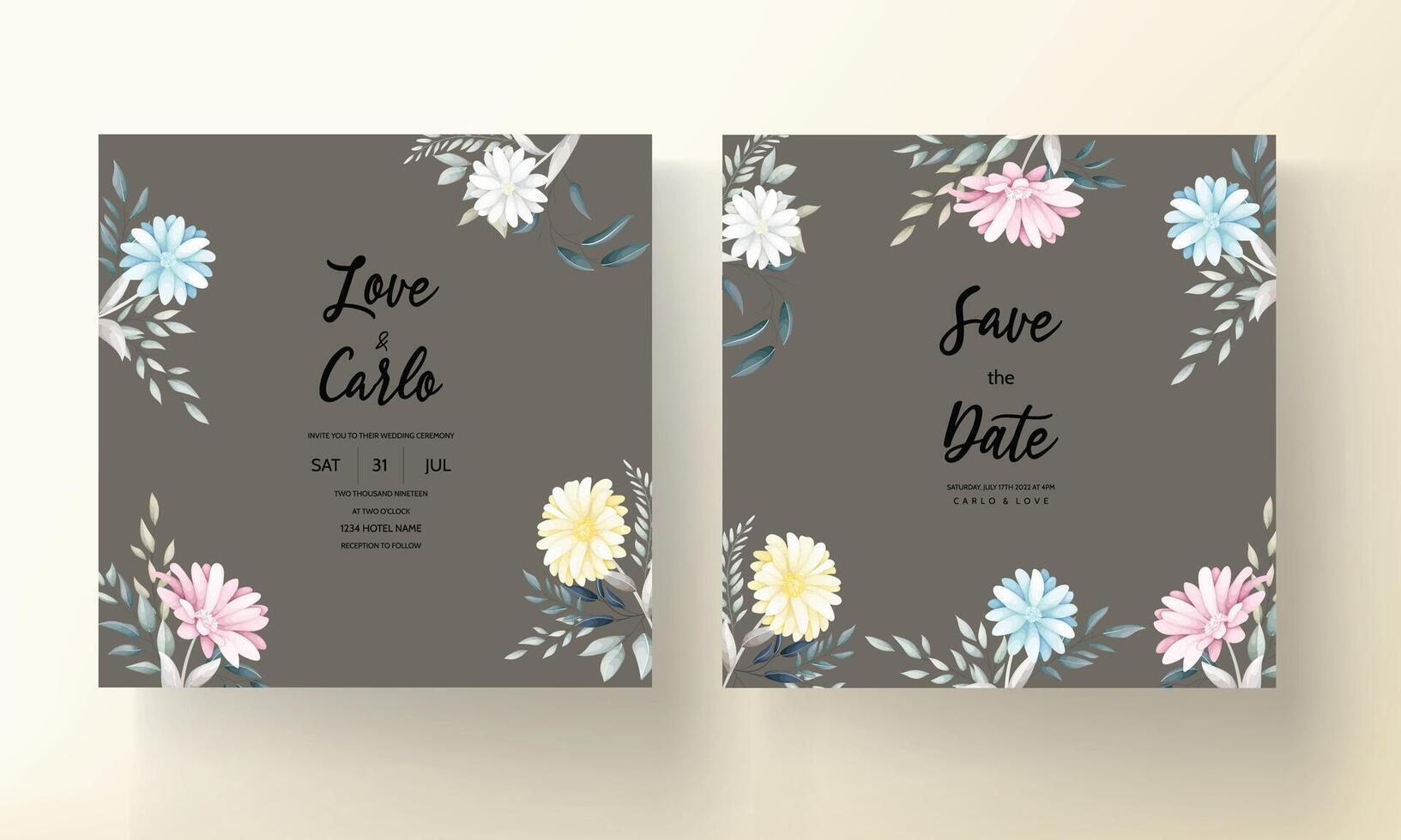 beautiful flower and leaves wedding invitastion card vector