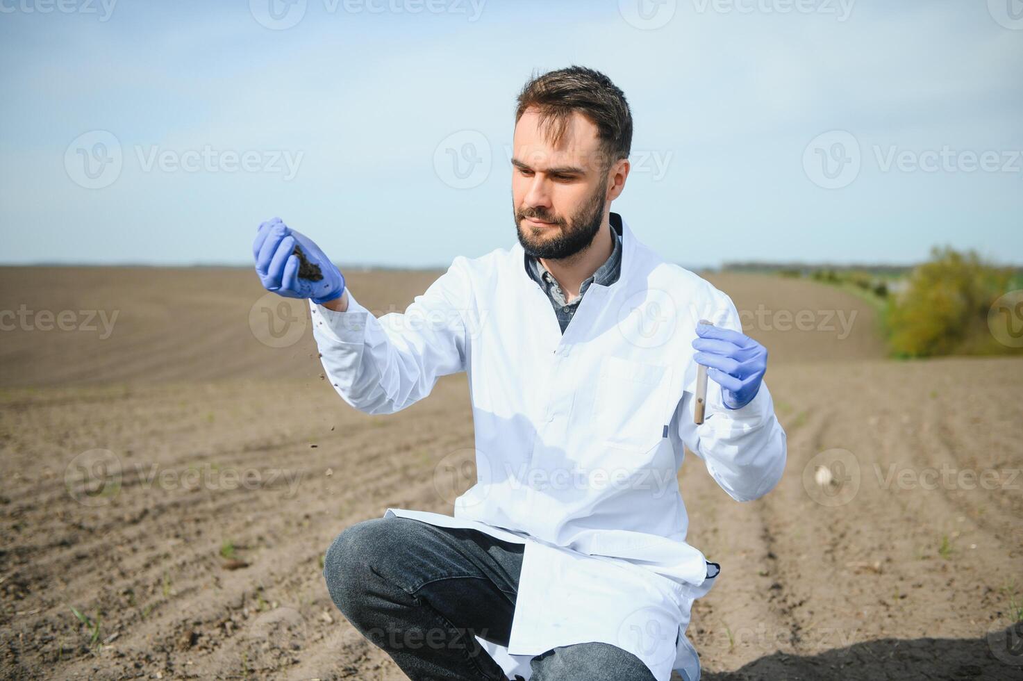 Agronomist studying samples of soil in field photo