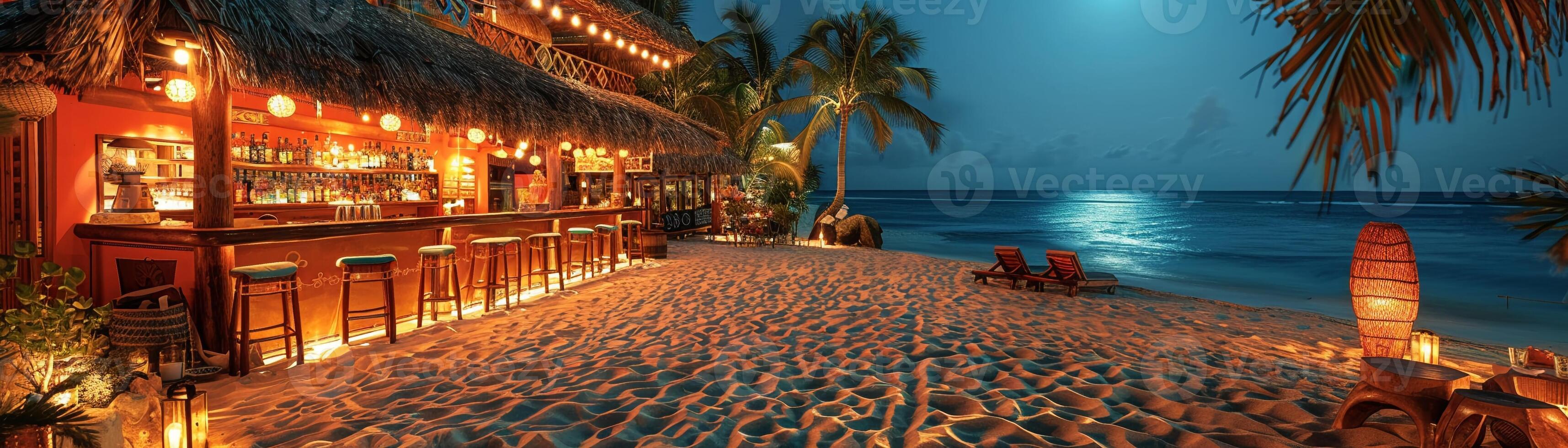 AI Generated Caribbean-inspired beach bar with thatched roofs and sand floors photo