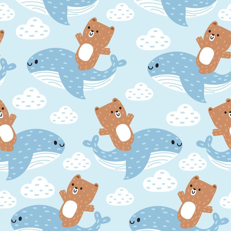 Seamless pattern of cute fox hold big fish with jellyfish in the sea coral background.Wild and sea life animal character design.Marine.Ocean.Summer.Kawaii.Vector.Illustration. vector