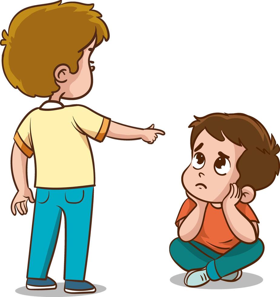 vector illustration of angry kids bullying their weak peers.Kids are being bullied. Verbal and physical social conflict between children, combat abuse, fighting and sarcastic classmate