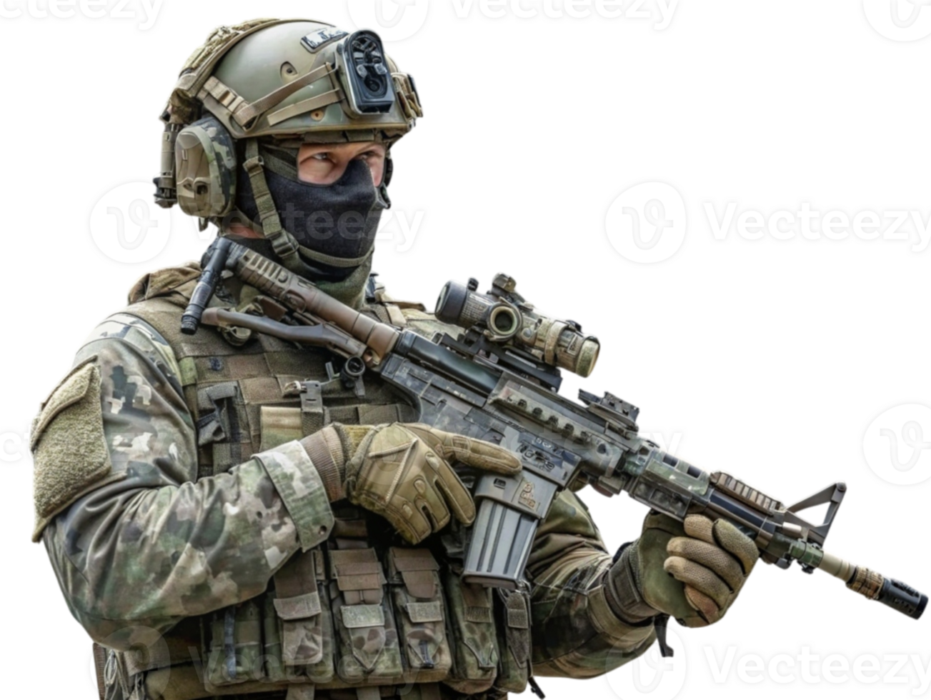 Military soldier in camouflage warwear and machine gun png