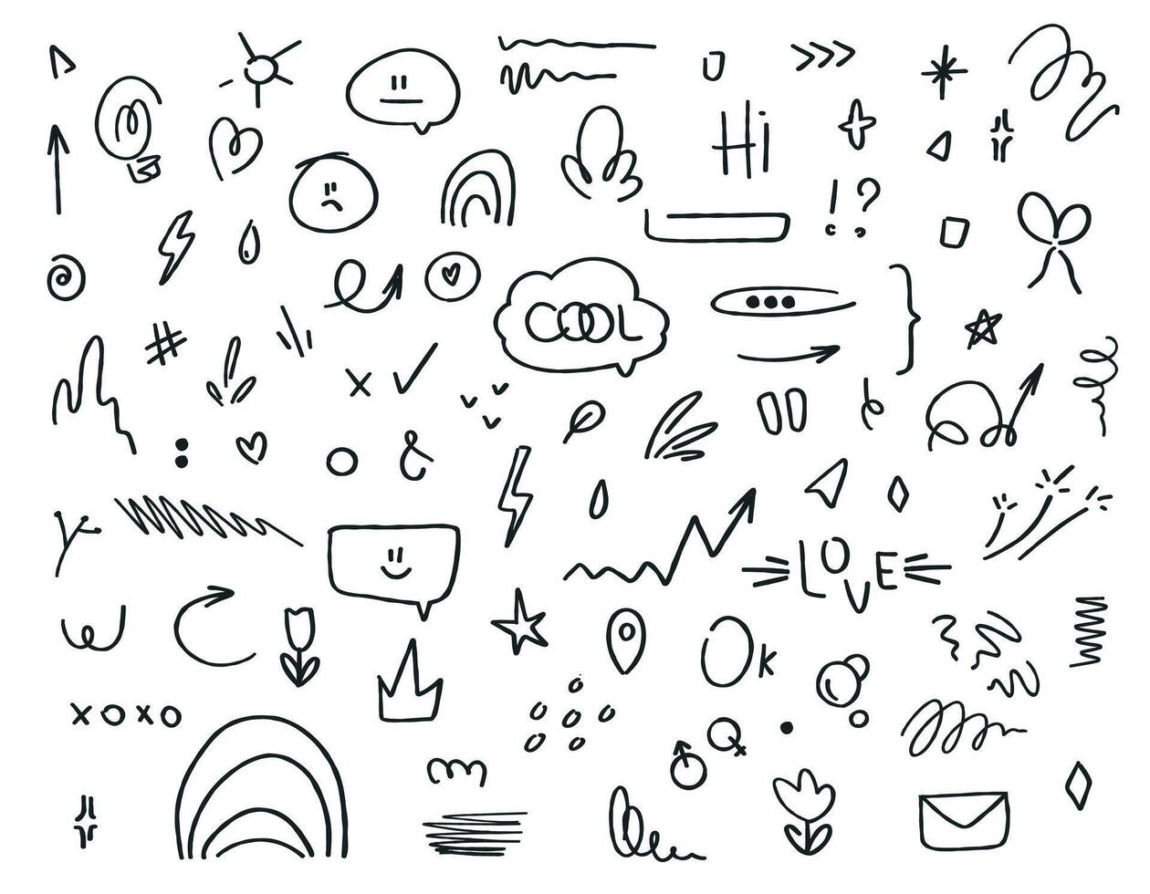 Set of simple hand drawn elements in doodle style. Thumbnail underline, emphasis, tooltips, icons, arrows and shapes. Vector illustration isolated on white background.