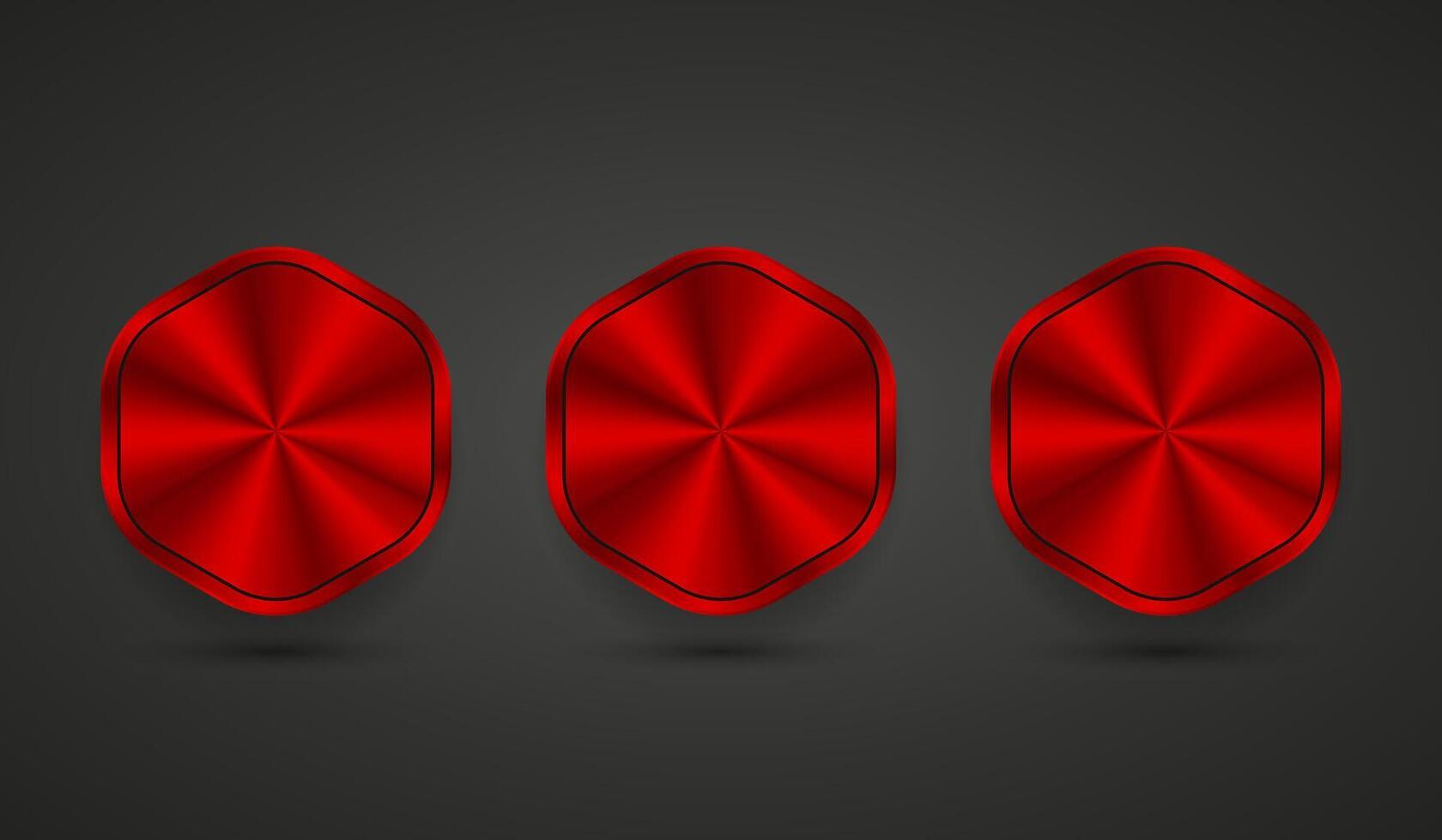 Set of three red Hexagon shapes Red Abstract button, red blank button template with red metal texture-chrome, silver, steel, realistic metralic vector