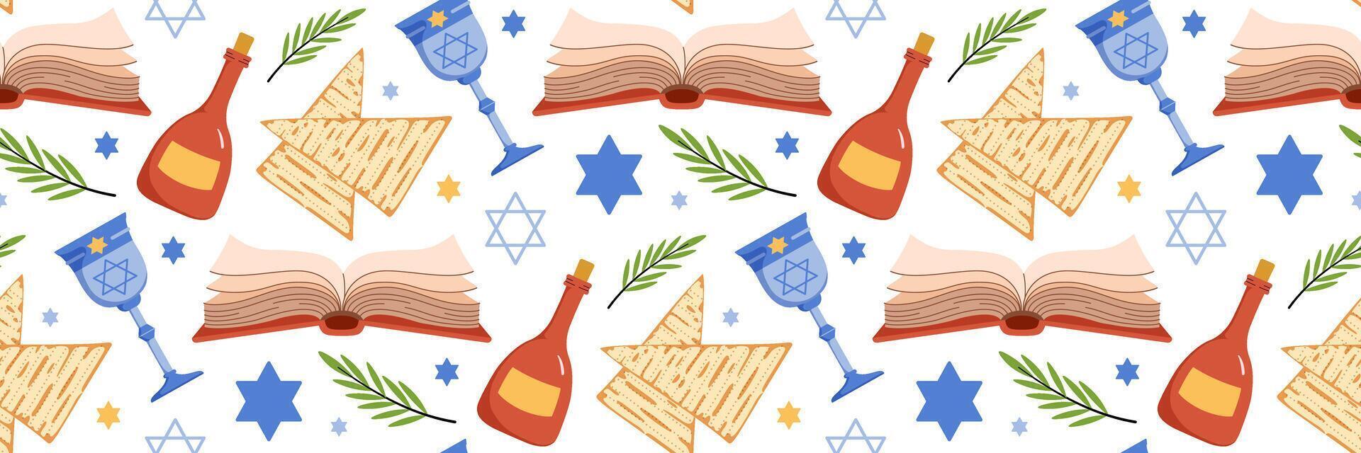 Happy Passover celebration seamless pattern. Jewish holiday Pesach background. Traditional icon matzah, wine, torus, Star of David, Elijahs Cup. For wallpaper, invitation. flat illustration. vector