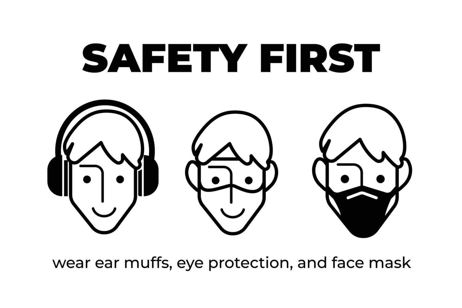 Ear muffs, eye protection glasses, and face mask safety required signage icon illustration isolated on horizontal white background. Simple flat cartoon drawing. vector