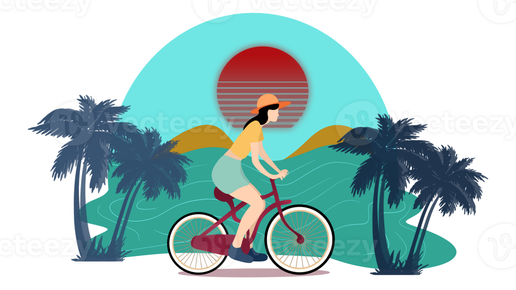 Girl cycling on road animation, cycling character full length, bicycle travel transport,Tourist young woman cycling down the street, Active urban, Cycling by the beach png