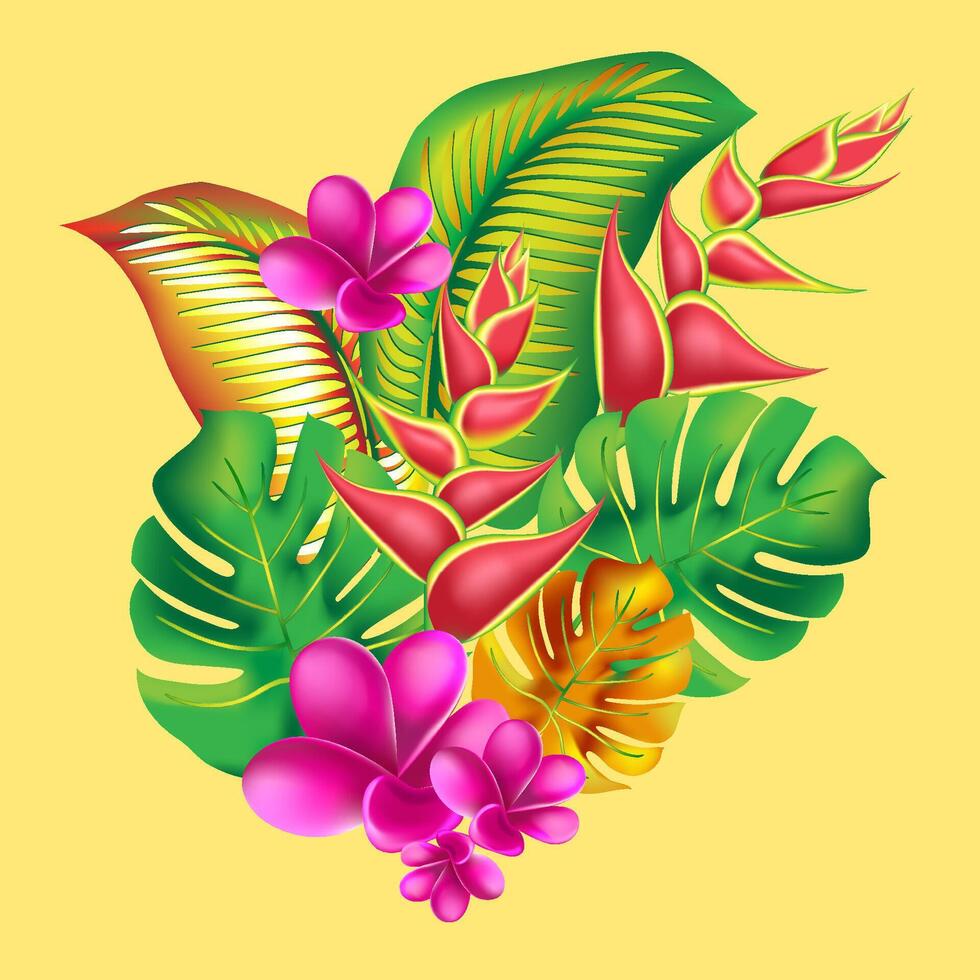 jungle flower,leaves tropic set. isolated elements. Palm leaf, monstera, pink plumeria flower,hibiscus blossom, exotic tropical summer flowers and leaves. vector