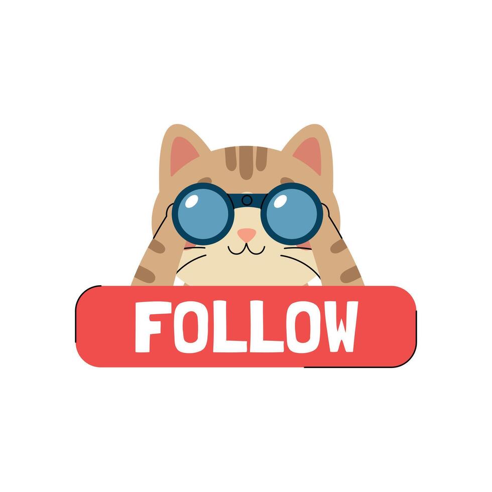 Sticker follow with cute cat character watching through binoculars. Call to action sticker for social networks. Red button with animal. Illustration isolated on white background vector
