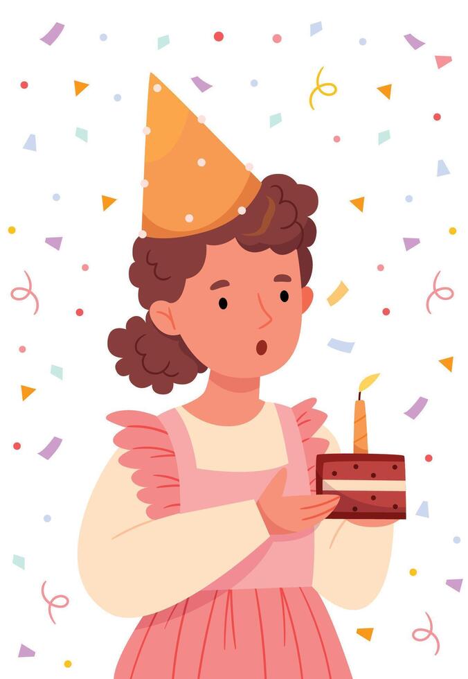 A girl in a holiday cap blows out a candle on a cake and makes a wish.Birthday. Festive mood. Pastel colors. Hand draw. vector