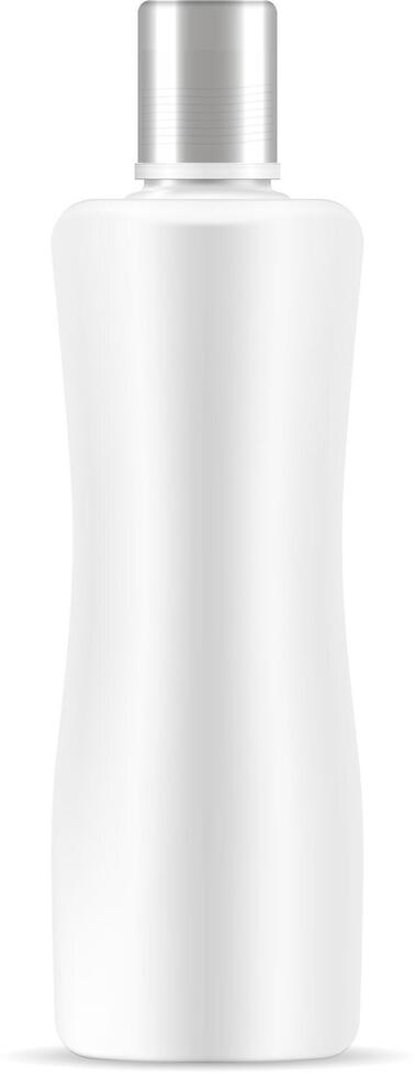 White cosmetic bottle mockup. Realistic 3d illustration of cosmetics package for shampoo. shower gel,soap with silver lid. Clear blank template for your design. vector