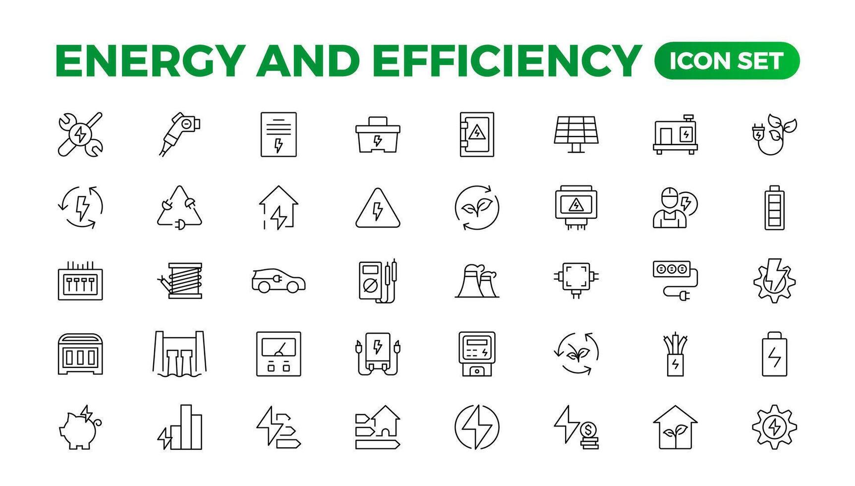 Set of Energyand Ecology line icons set. outline with editable stroke collection. Includes Eco Home, Nuclear Energy, Power Plant, Solar Energy.Simple set about energy efficiency and saving. vector
