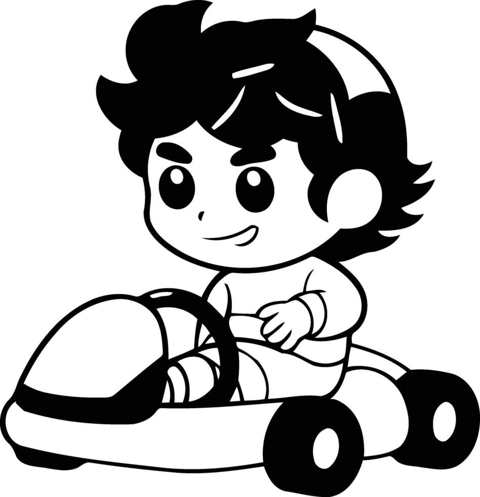 Cute boy driving a toy car isolated on white background. vector