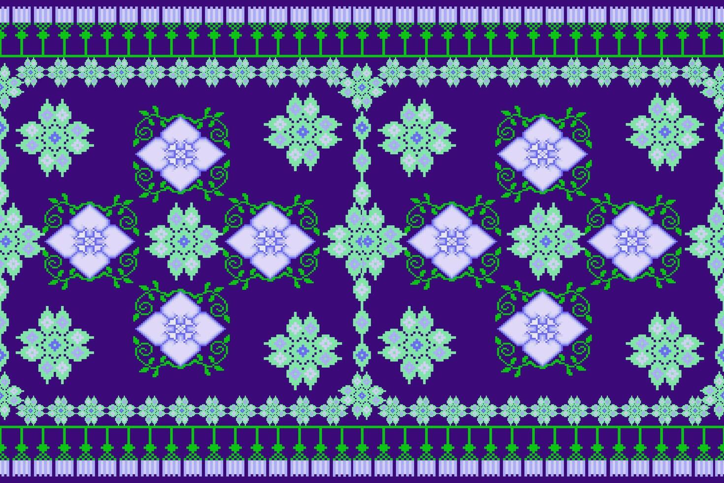 Geometric ethnic oriental seamless pattern. Axtec style embroidery floral pixel art background design for fabric, clothing, textile, scarf, wallpaper, table runner, wrapping, print, sarong vector