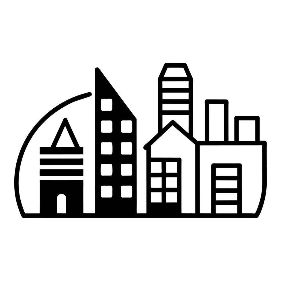 Silhouette of an urban skyline with diverse buildings in black. vector