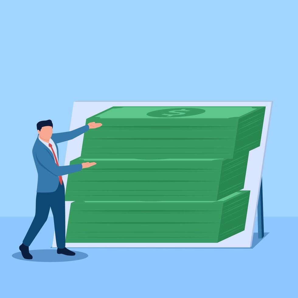 People pose in front of counterfeit money posters, a metaphor for flaunting wealth for ponzi. Simple flat conceptual illustration. vector