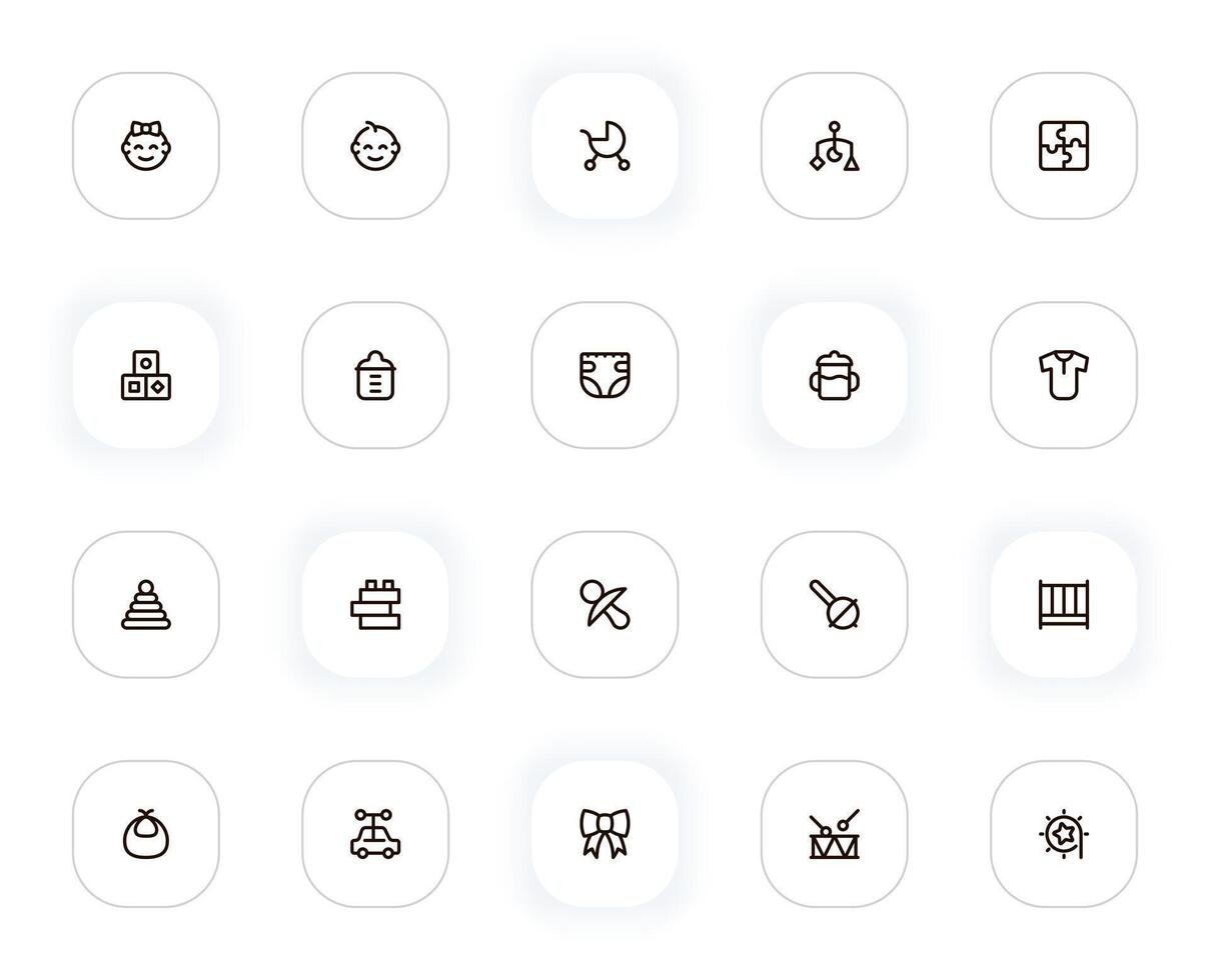 Children items and baby toys line icons set. Boy, girl, stroller, cubes, bottle, diapers, clothes. outline pictograms for web and ui, ux mobile app design. Editable Stroke. 24x24 Pixel Perfect. vector