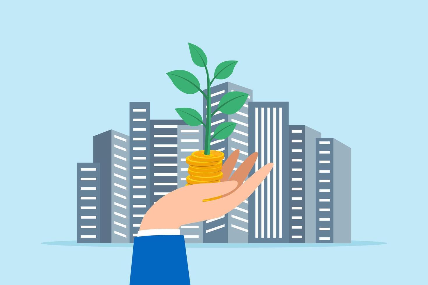 Flat illustration of hand holding seedling from pile coins against cityscape impact of investments on urban development vector