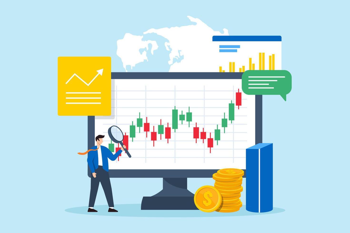 Flat illustration of businessman analyzing stock market trends using magnifying glass on digital screen investment decision making vector