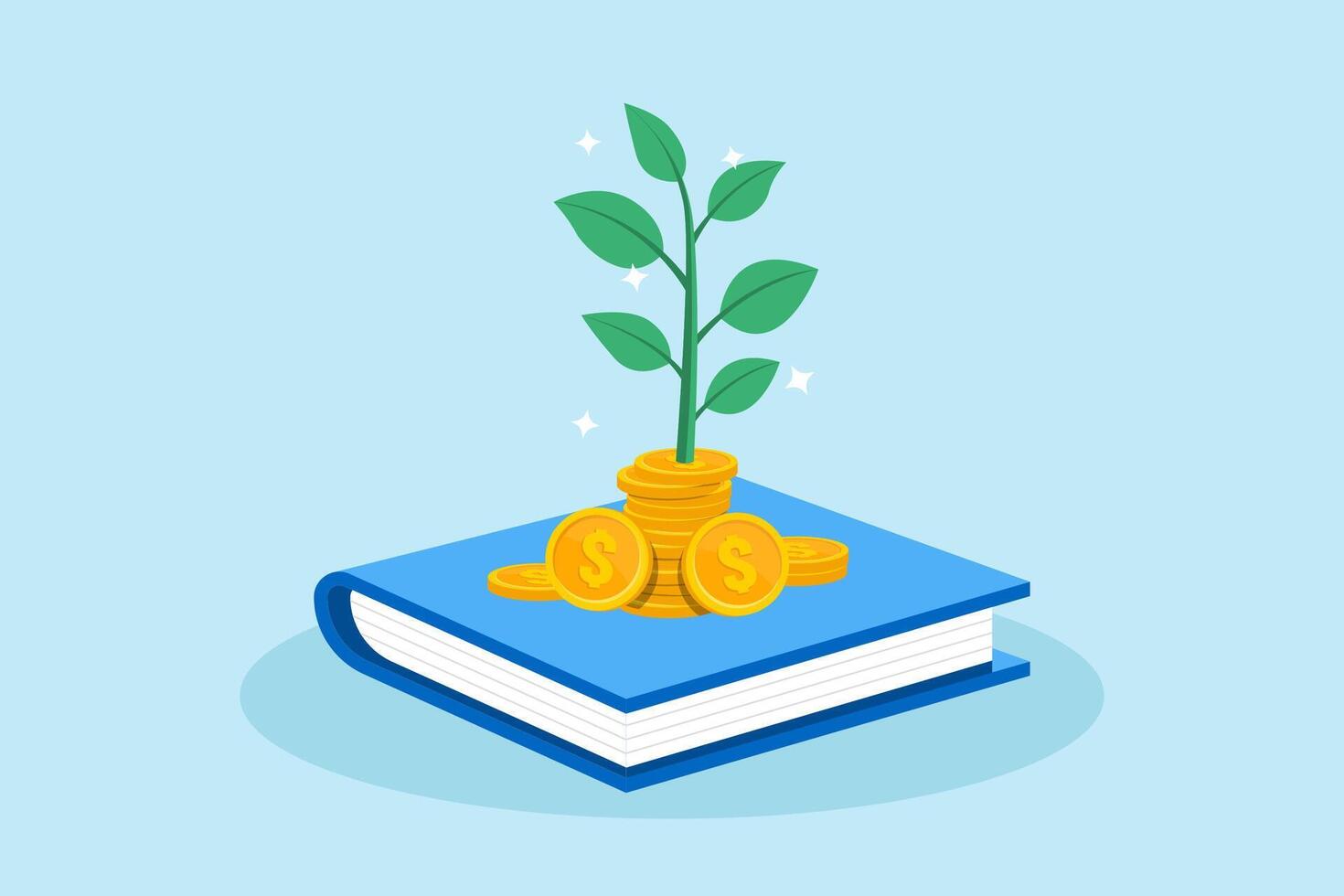 Flat illustration of plant growing from pile coins on book knowledge and learning investments vector