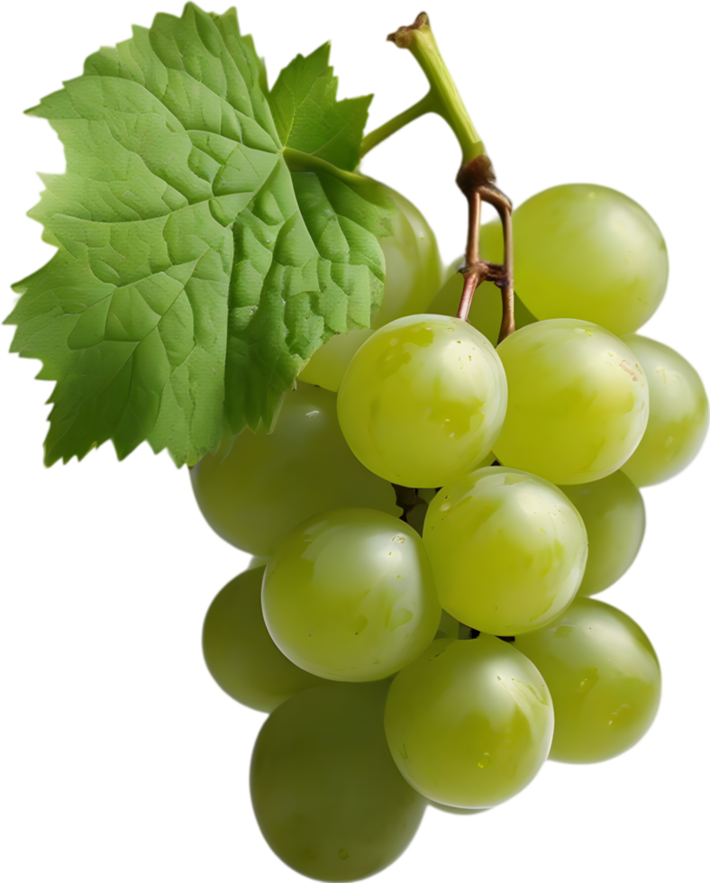 A bunch of green grapes with a green leaf attached. AI-Generated. png