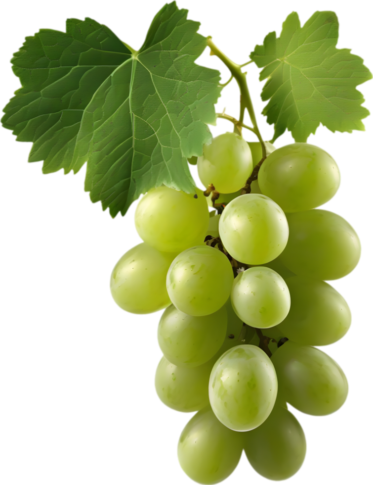A bunch of green grapes with a green leaf attached. AI-Generated. png