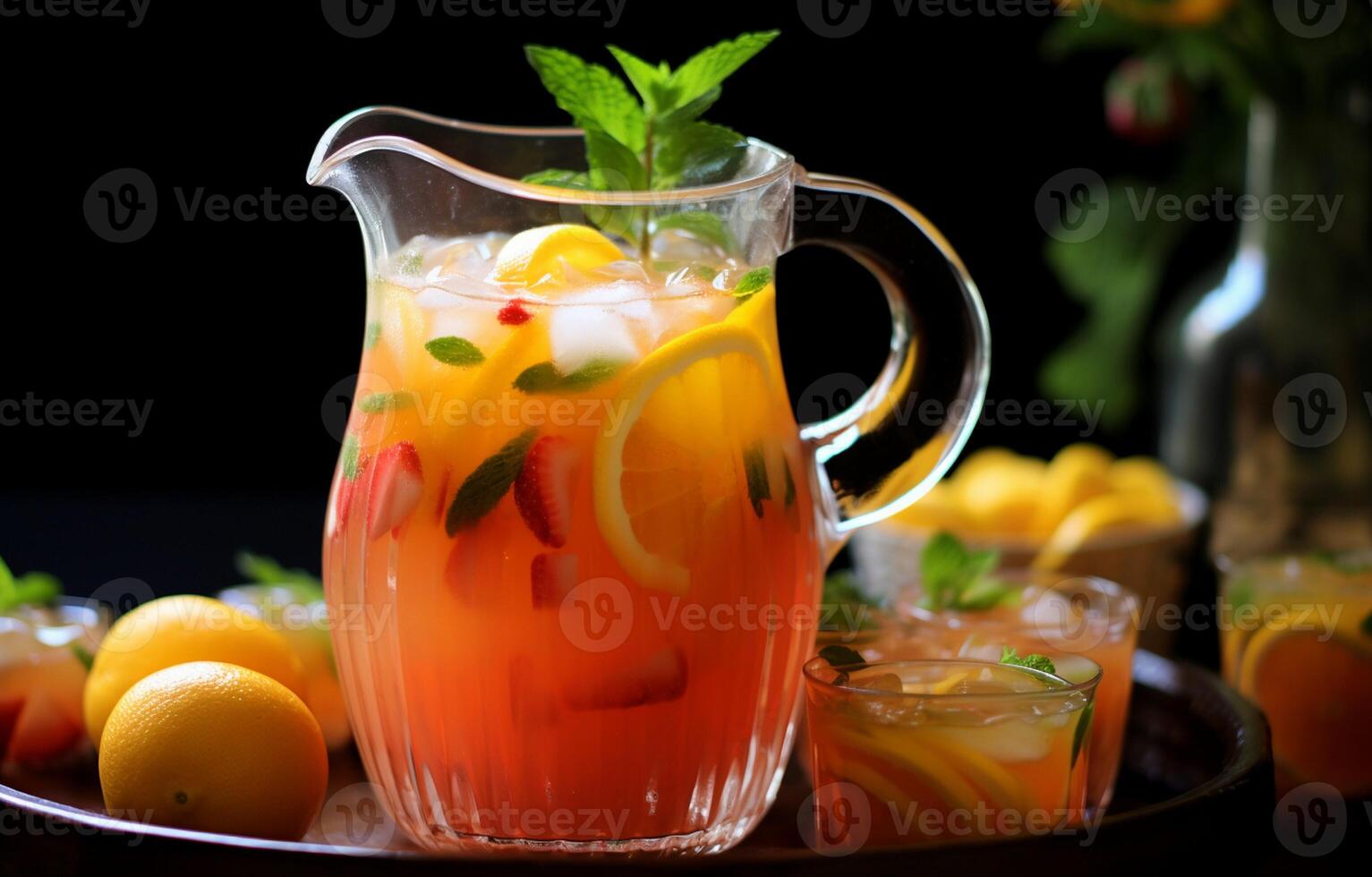 Orange, lime, and champagne fruit punch on ice Fruit Punch in carafe. AI Generative photo