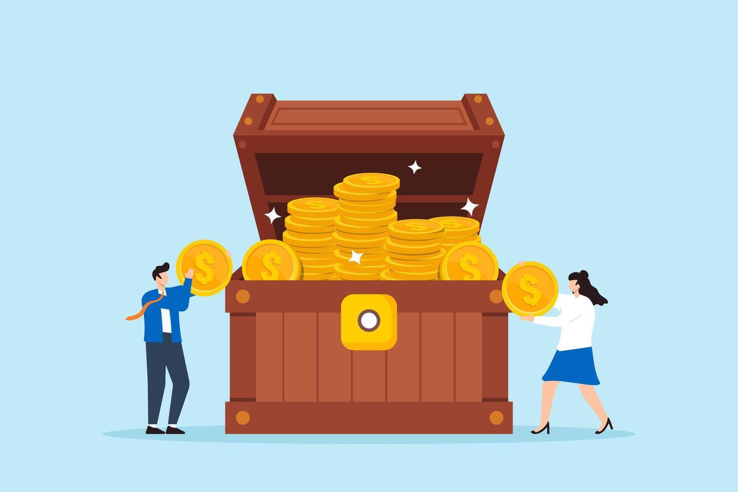 Flat illustration of businessman and businesswoman holding coins in treasure chest wealth accumulation from investments vector