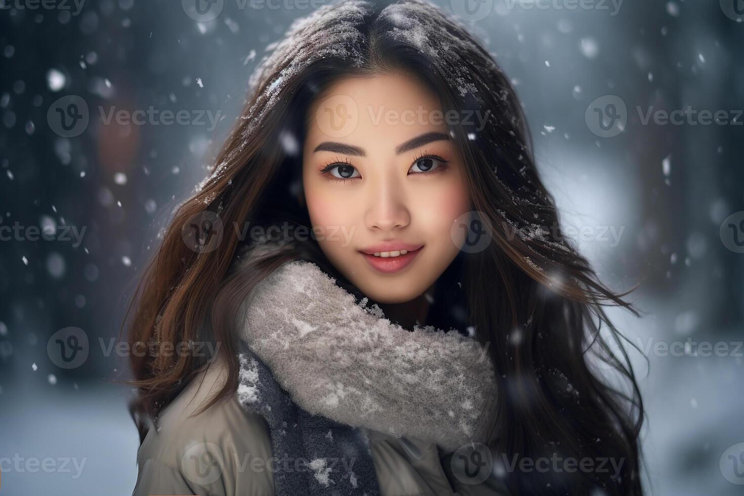 Ai generated portrait of beautiful young woman standing under the snow at winter time photo