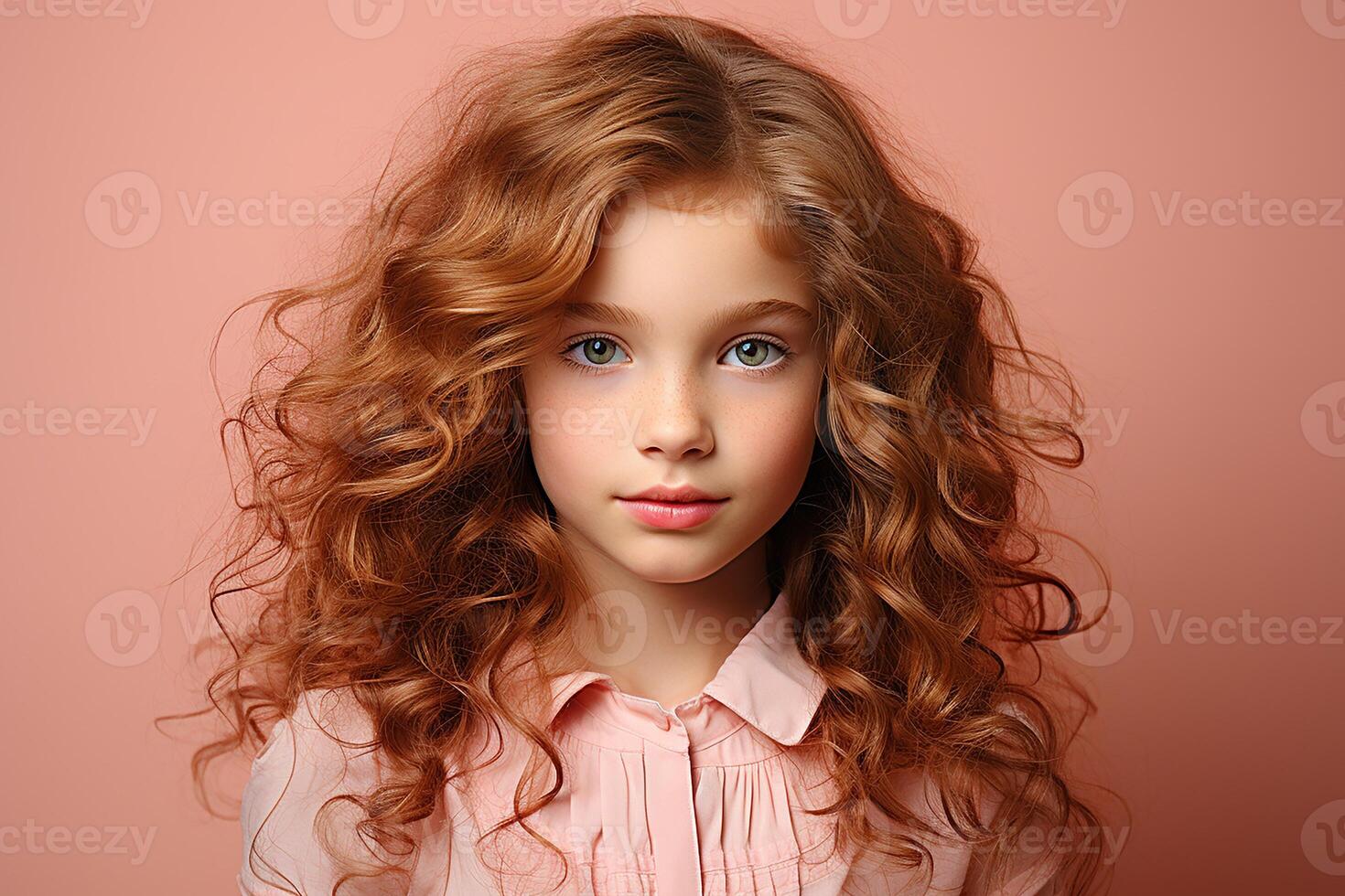 Ai generated studio portrait of cutle little curly ginger girl on different colours background photo