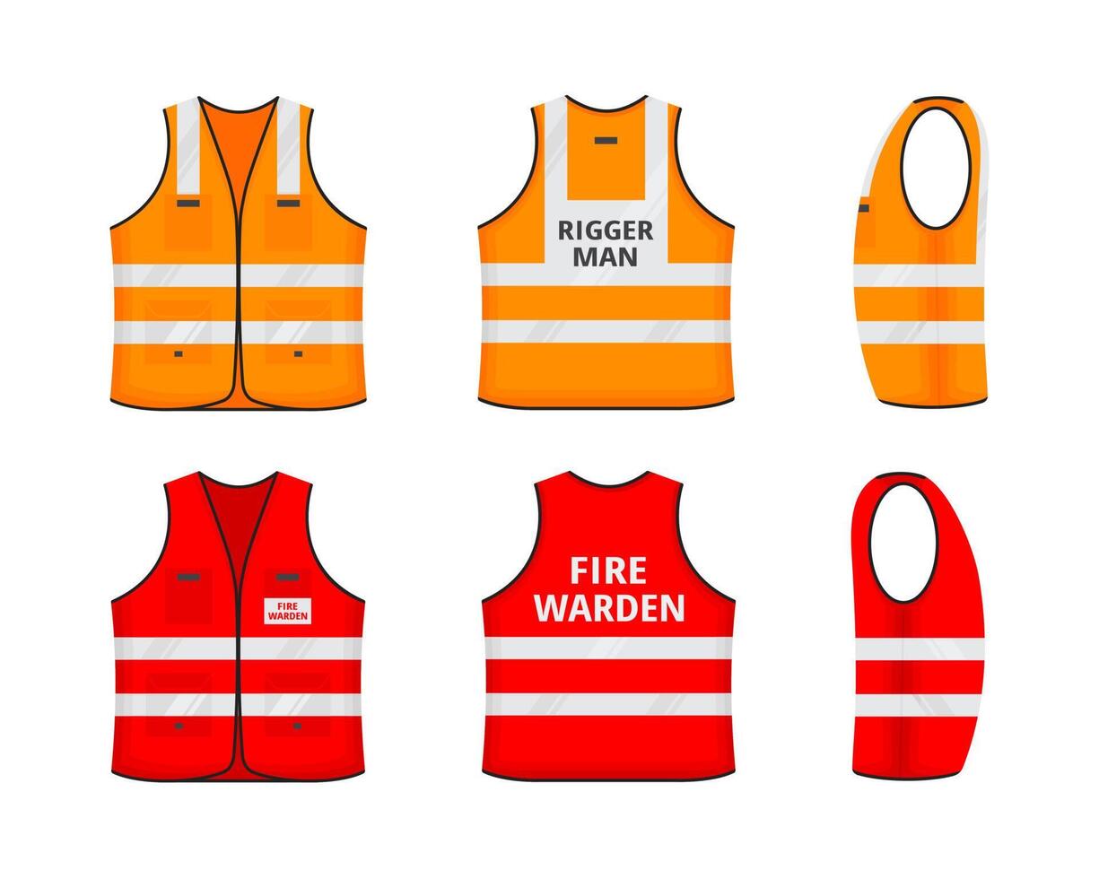 Safety reflective vest with labels tag flat style design vector illustration set.