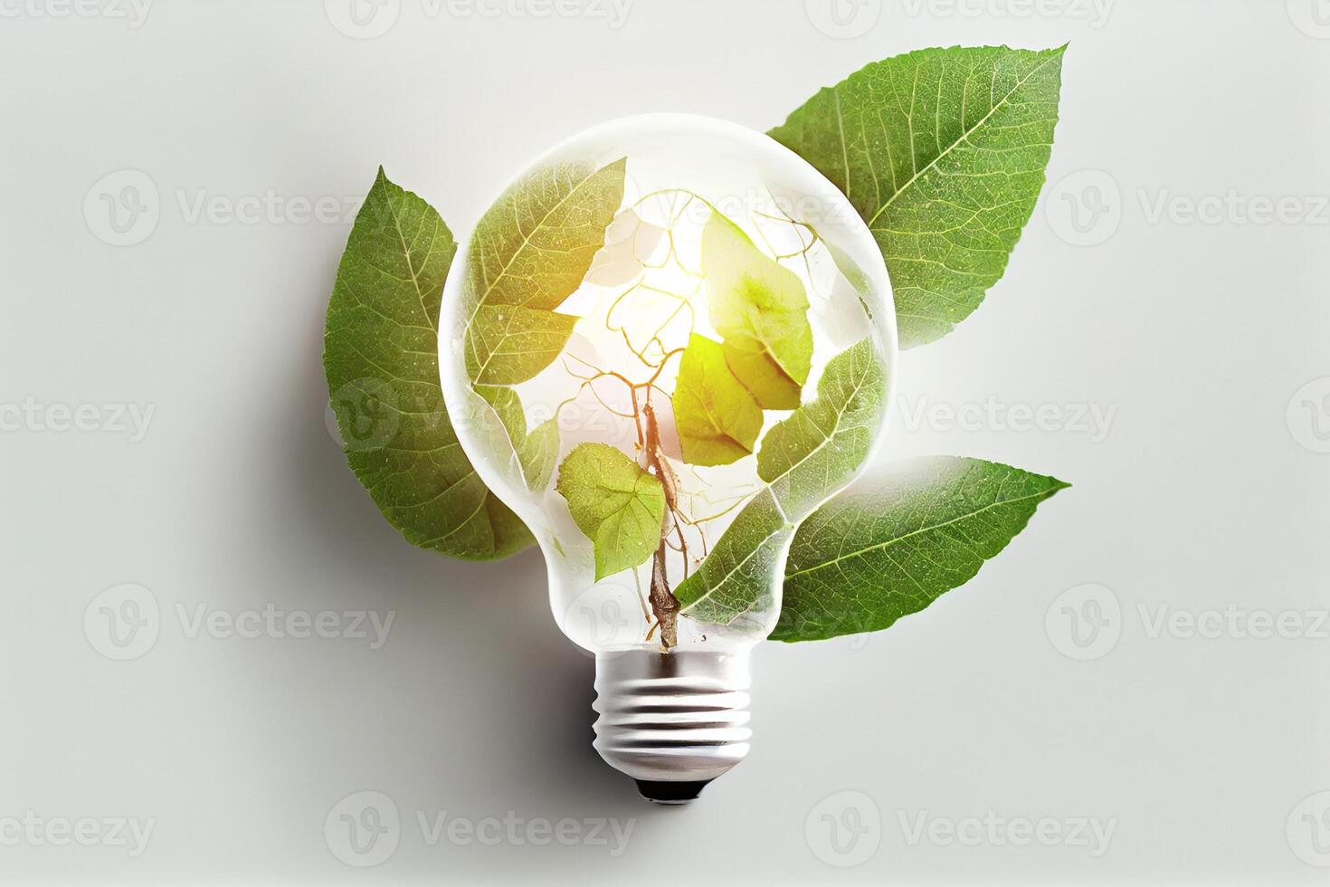Energy saving eco led lamps with green leaves conservation of earth resources. Minimal nature concept. Think Green. Ecology Concept. Environmentally friendly planet. photo