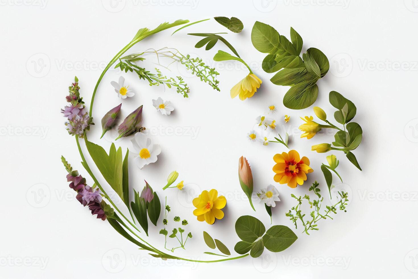 Summer herbal circle frame banner, card, invitation. Herbs, leaves and flowers on a white background. There is a place for text. photo