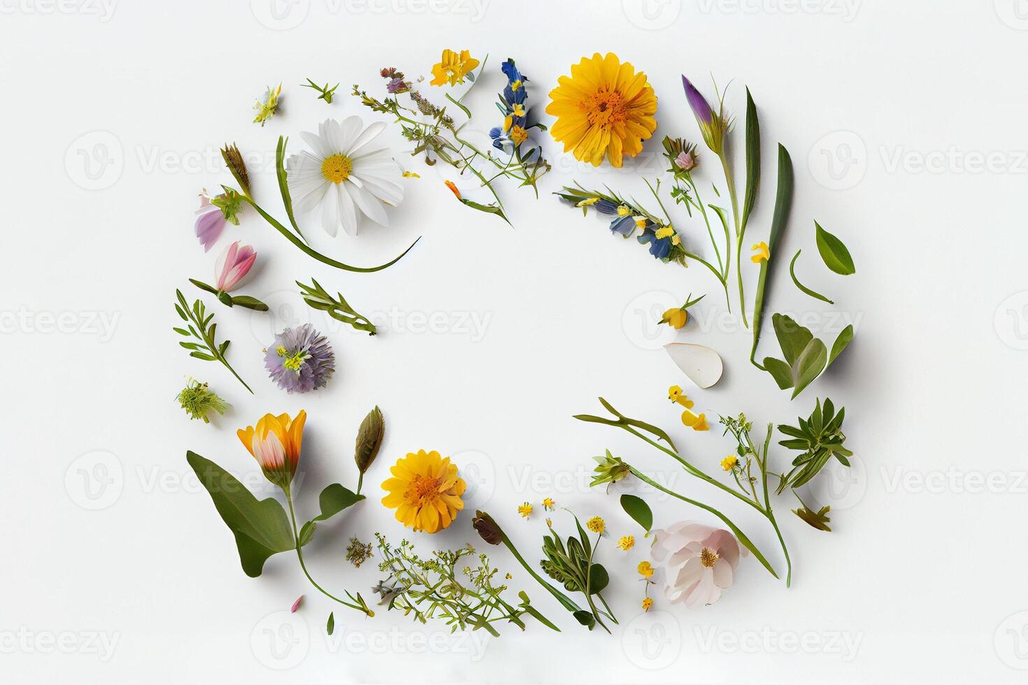 Spring herbal frame banner, card, invitation. Herbs, leaves and flowers on a white background. There is a place for text. photo