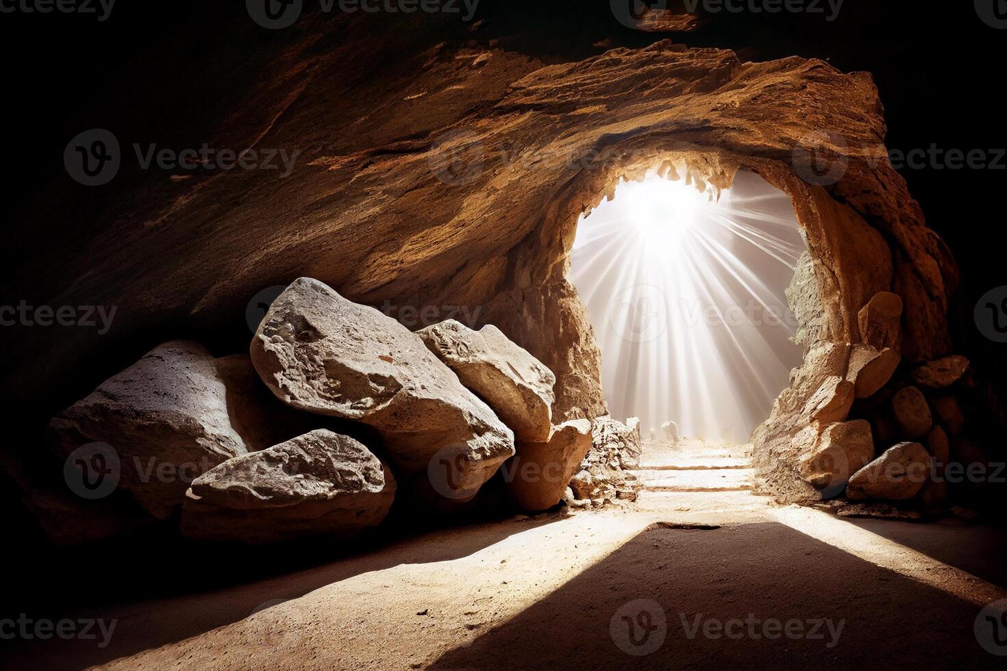 Open coffin chalk. Cave with large stone at entrance. Resurrection day. Jesus Christ is risen. Easter Sunday. Bible narrative. Gospel story. photo