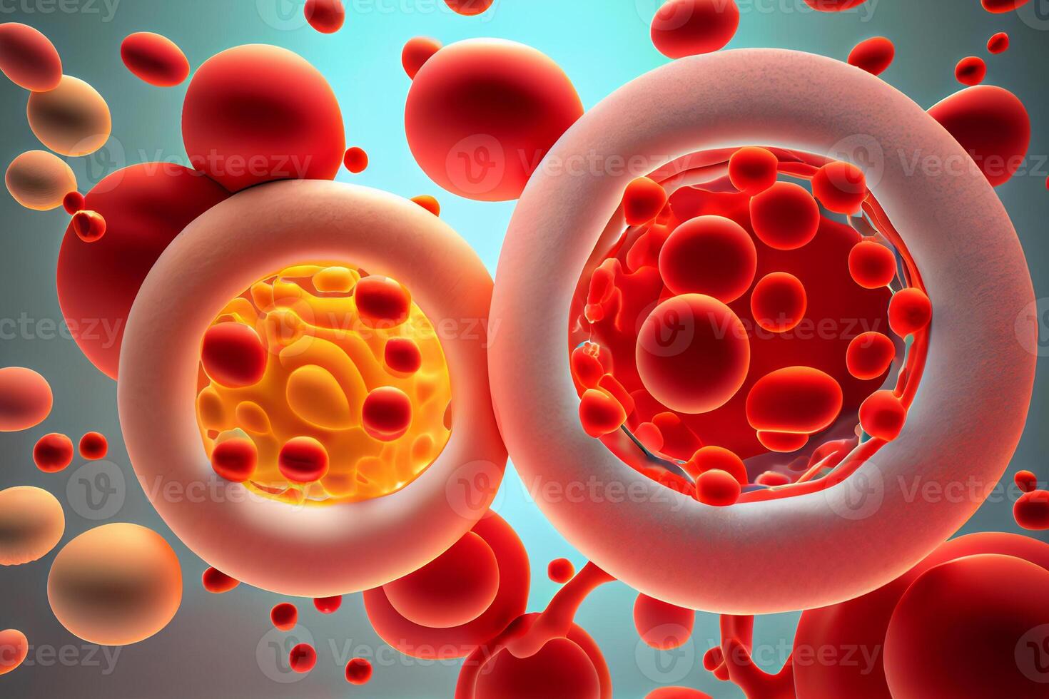 Cholesterol formation, fat, artery, vein, heart. Red blood cells, blood flow. Narrowing of a vein for fat formation. photo
