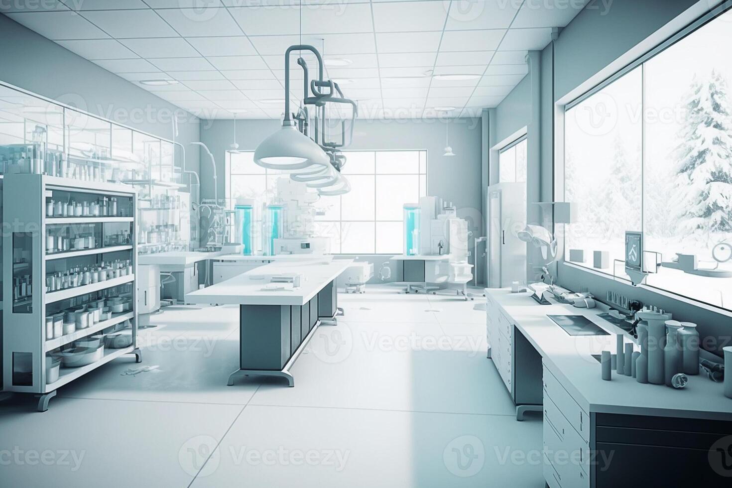 Modern Medical Research Laboratory Microscope, Glassware with Biochemicals on the Desk. Scientific Lab Biotechnology Development Center Full of High-Tech Equipment. photo