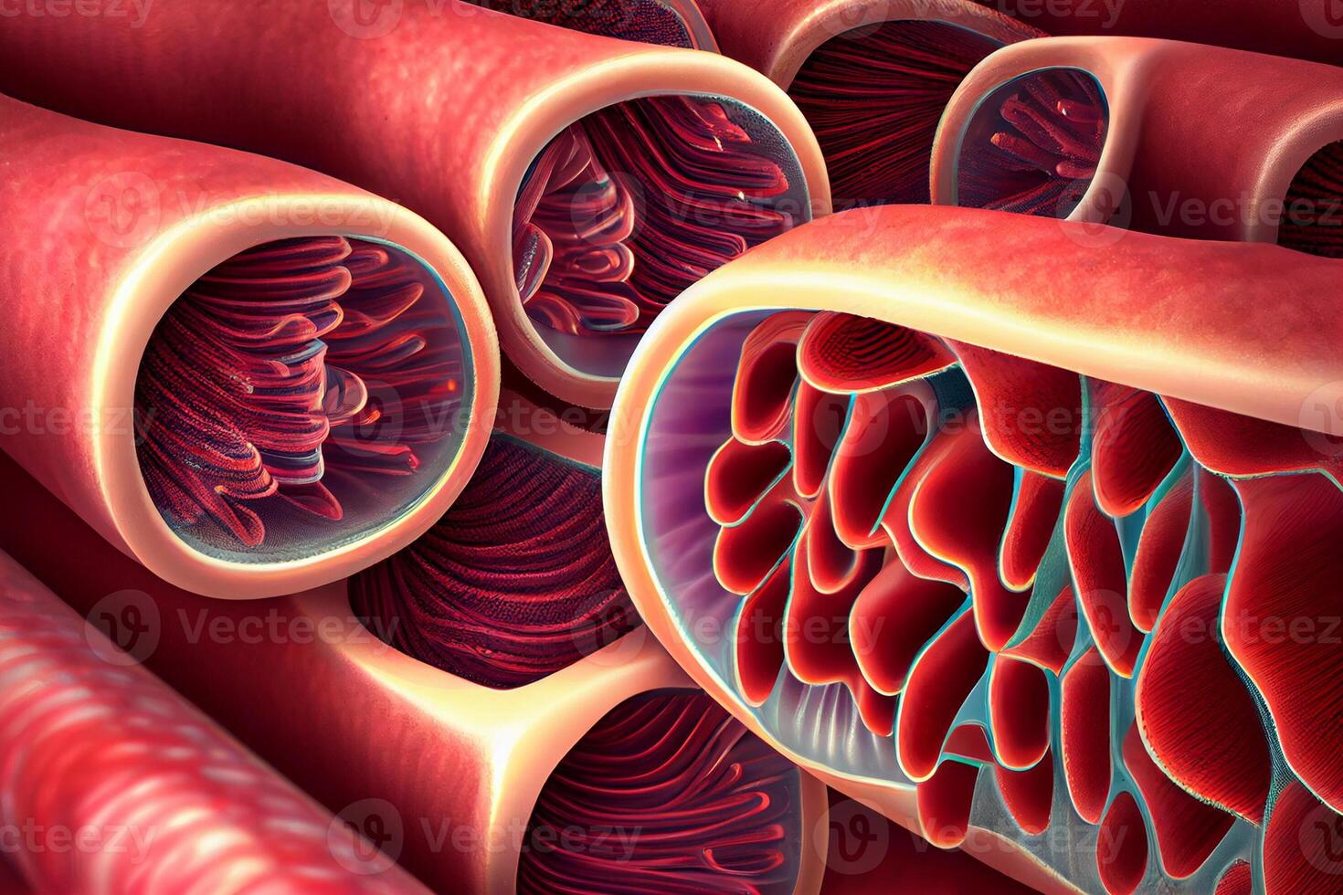 Cross striation of striated fibers of skeletal muscles cells. 3d render. photo