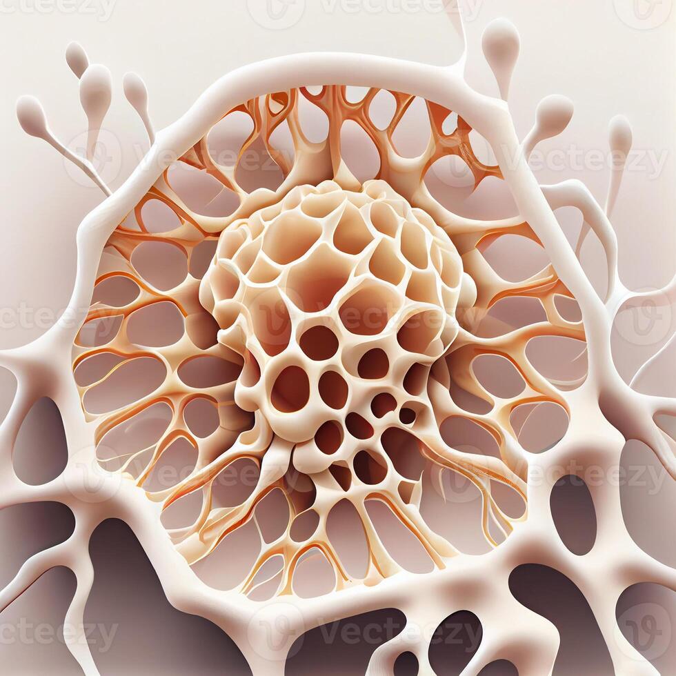Connective tissue Collagen fibres and single cells 3D illustration microscopy of human on white background. photo