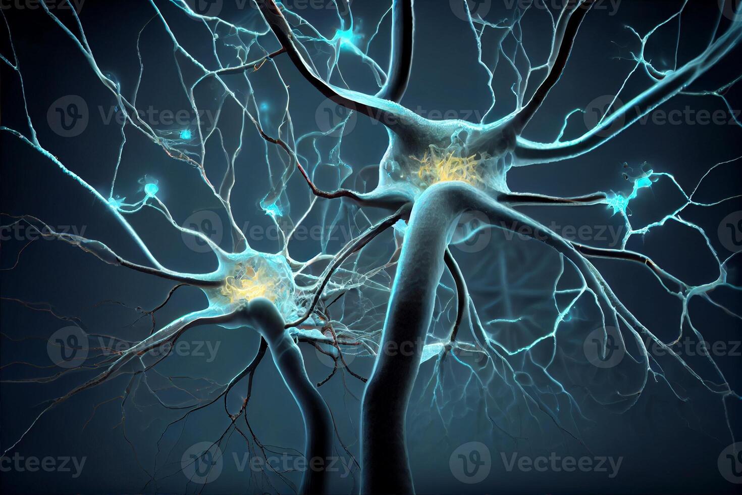 Neurons cells close up 3d render. Synapses and axones transmitting electrical signals. photo