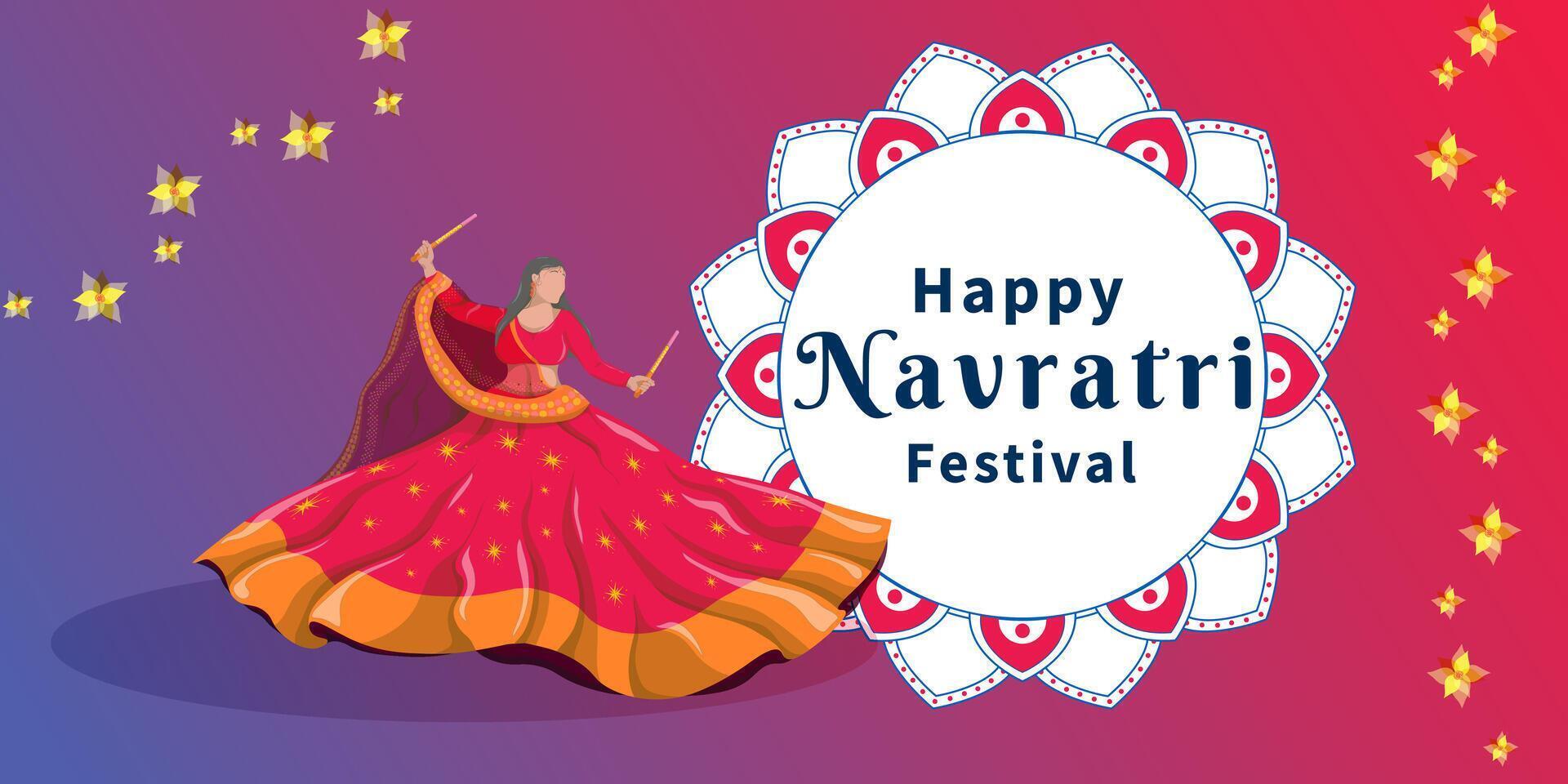 An illustration dedicated to the Navratri festival, with a colorful background. Girls dance folk dances. Happy Navratri vector