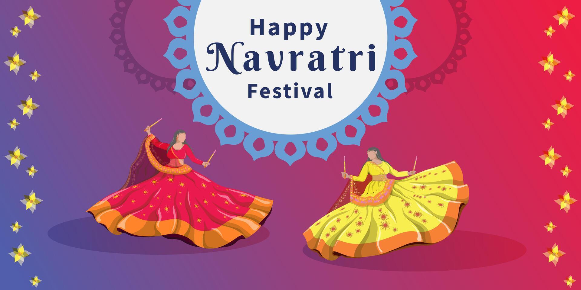 An illustration dedicated to the Navratri festival, with a colorful background. Girls dance folk dances. Happy Navratri vector