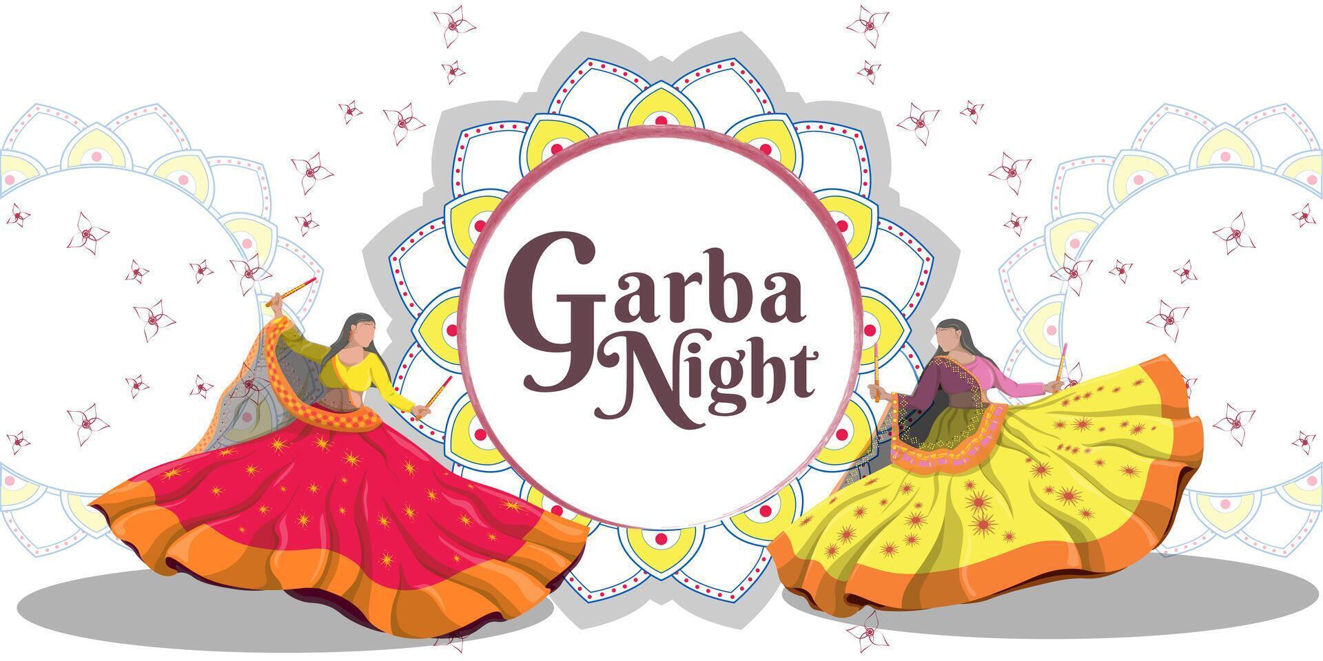 An illustration dedicated to the Navratri festival, with a colorful background. Girls dance folk dances. Happy Navratri vector